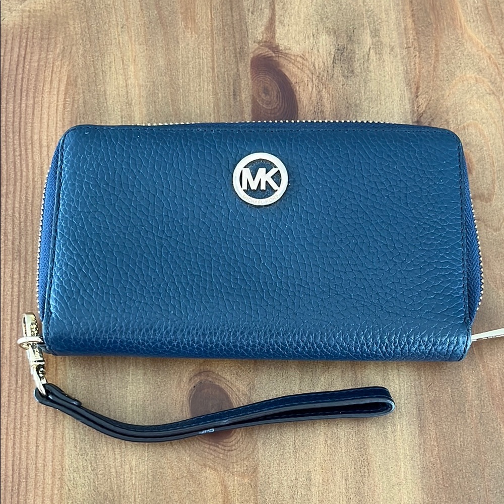 Michael Kors Navy Leather Wristlet with Gold Logo
